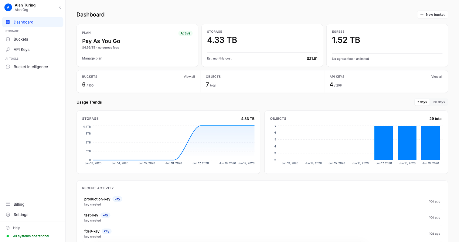 The Fil One dashboard, showing bucket storage usage and monthly spend